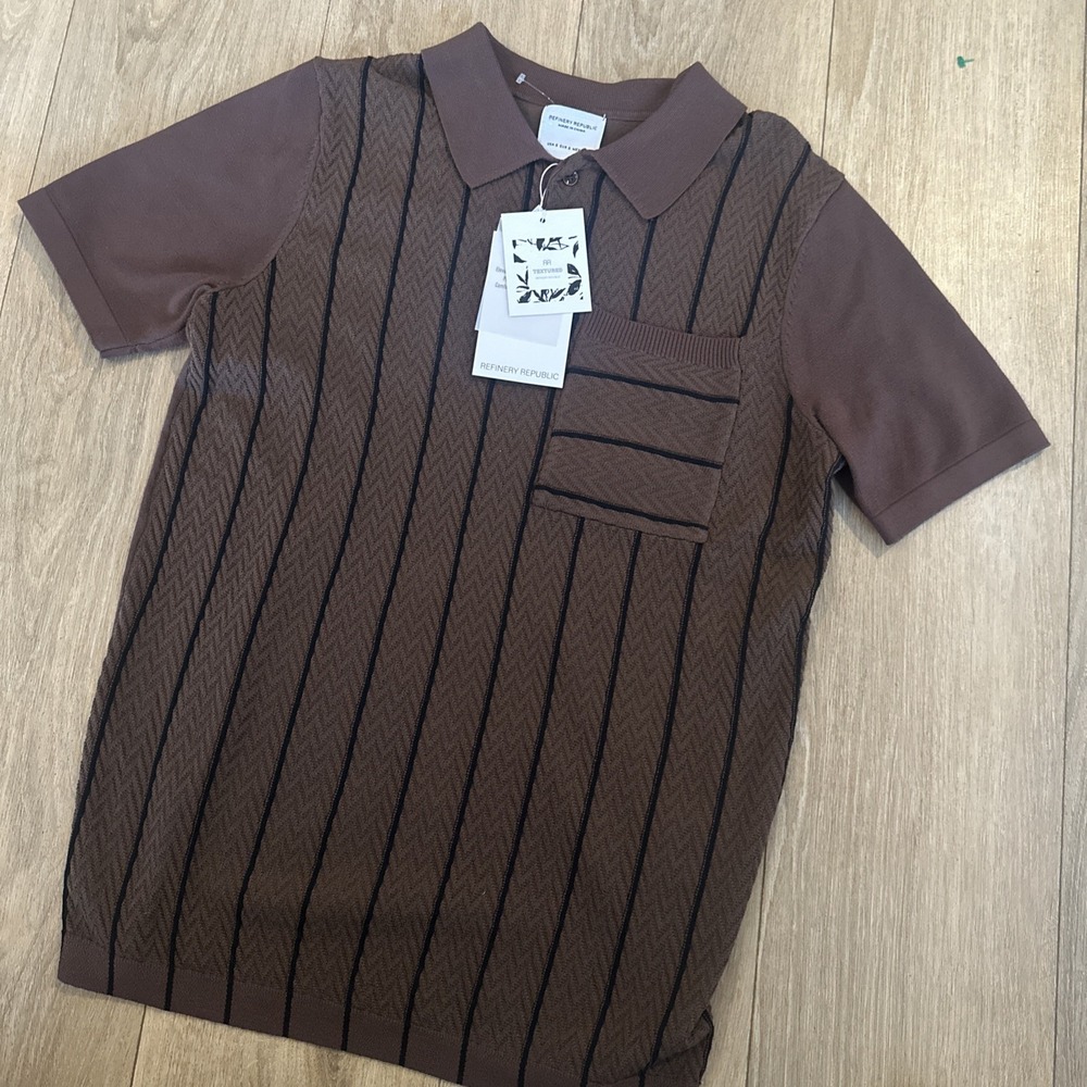 Refinery Republic Men's Polo Sweater Textured Striped Pocket Brown Rayon Small‎